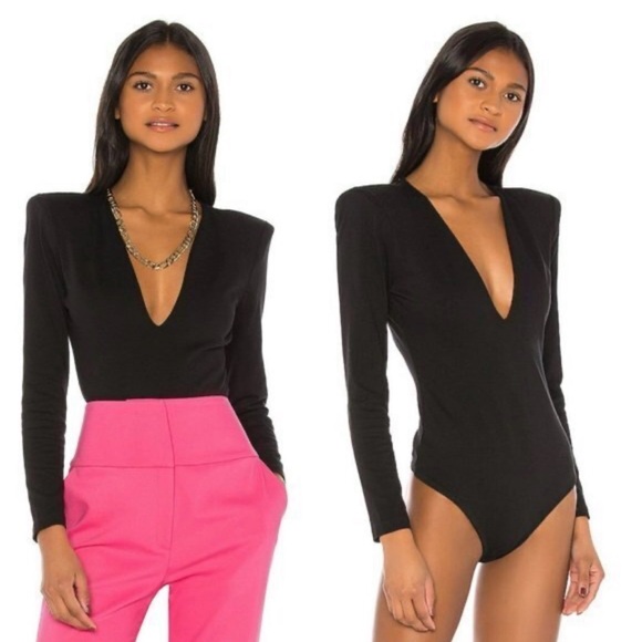 GRLFRND Tops - Grlfrnd ‘Eryka’ V-neck long sleeve shoulder pad bodysuit, Black, medium Revolve
